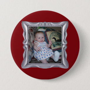 Macaron Rond 7,6 Cm Photo bébé personnalisée en cadre argent fantaisie