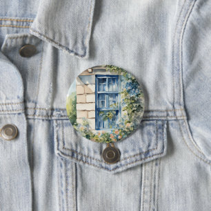 Macaron Rond 7,6 Cm Pierre mur de la fenêtre bleue Cottage Vignes