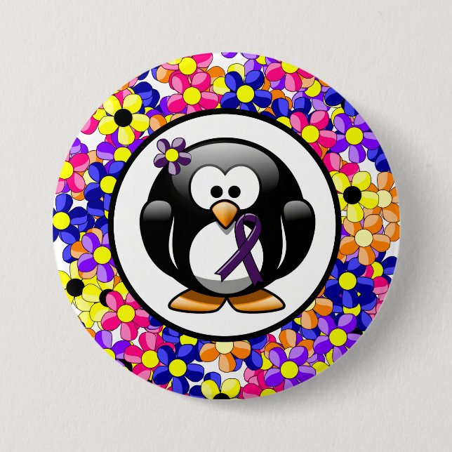 Macaron Rond 7,6 Cm Pingouin à ruban de sensibilisation à la violette (Devant)