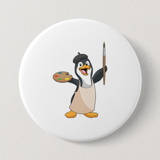 Macaron Rond 7,6 Cm Pingouin as Painter with Paint brush & Colour (Devant)