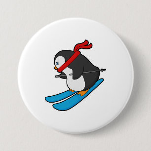 Macaron Rond 7,6 Cm Pingouin comme skieur avec ski