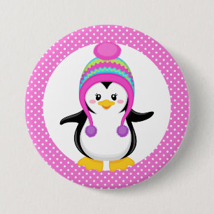 Macaron Rond 7,6 Cm Pink Polka Dot Winter Penguin Girl