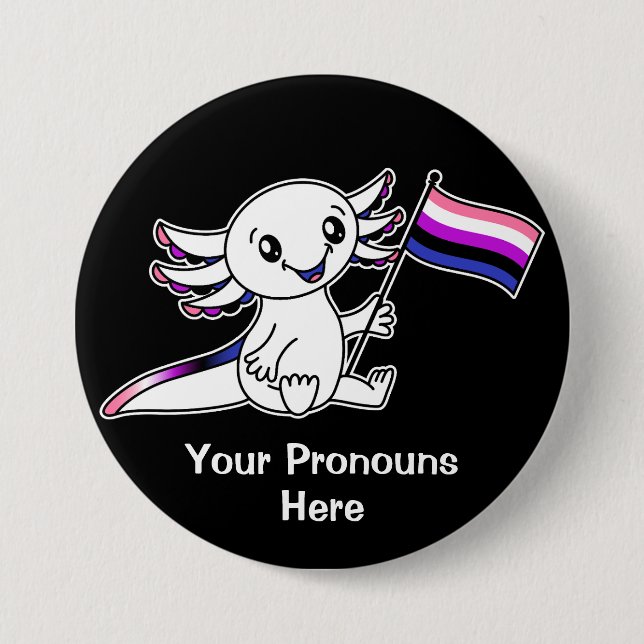 Macaron Rond 7,6 Cm PRONONOUNS mignon Axolotl avec drapeau Genderfluid (Devant)