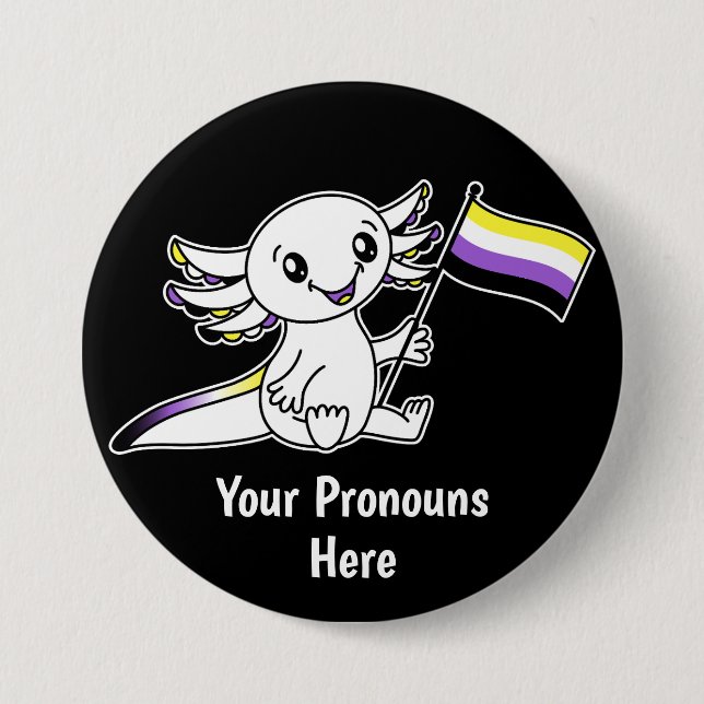 Macaron Rond 7,6 Cm PRONONOUNS Symte Axolotl Non binaire Pride drapeau (Devant)