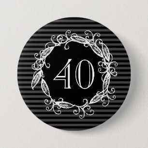 Macaron Rond 7,6 Cm Quarantième noir de blanc gris de l'anniversaire