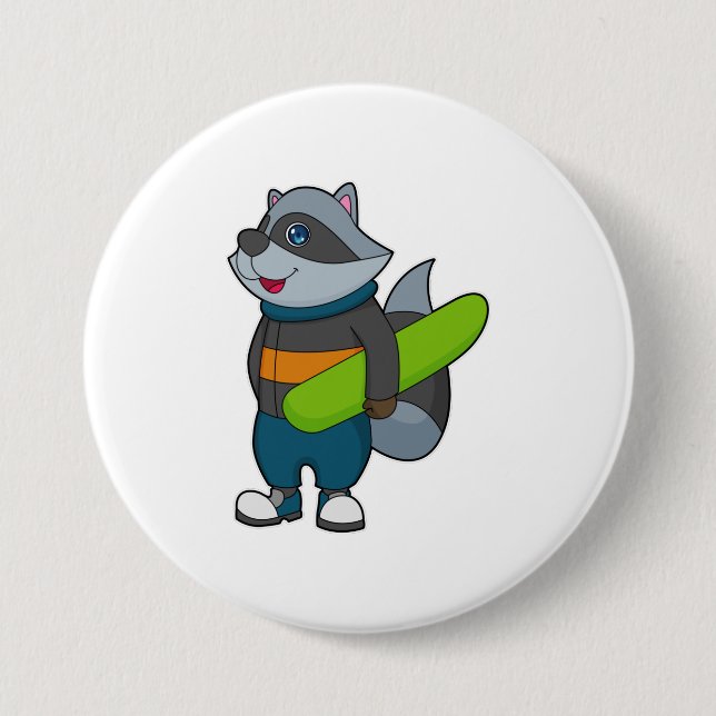 Macaron Rond 7,6 Cm Racoon as Snowboarder avec snowboard (Devant)