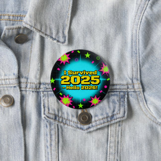 Macaron Rond 7,6 Cm Retro Arcade Style "I Survived 2025 - Hello 2026!"