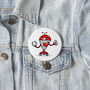 Macaron Rond 7,6 Cm Retro Robot Cartoon amusant Rouge et Argent AI Bot