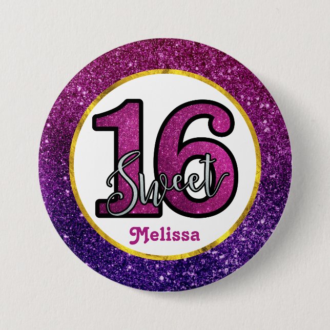 Macaron Rond 7,6 Cm Rose & Purple Sweet 16 Parties scintillant étincel (Devant)