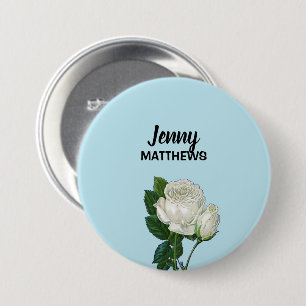 Macaron Rond 7,6 Cm Roses blanches vintages nom personnalisé sur bleu