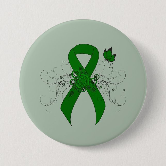 Macaron Rond 7,6 Cm Ruban de sensibilisation au vert avec papillon (Devant)