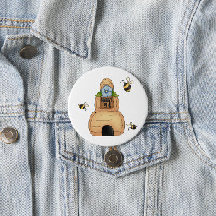 Macaron Rond 7,6 Cm Ruche d'abeille avec fleur bleue et abeilles