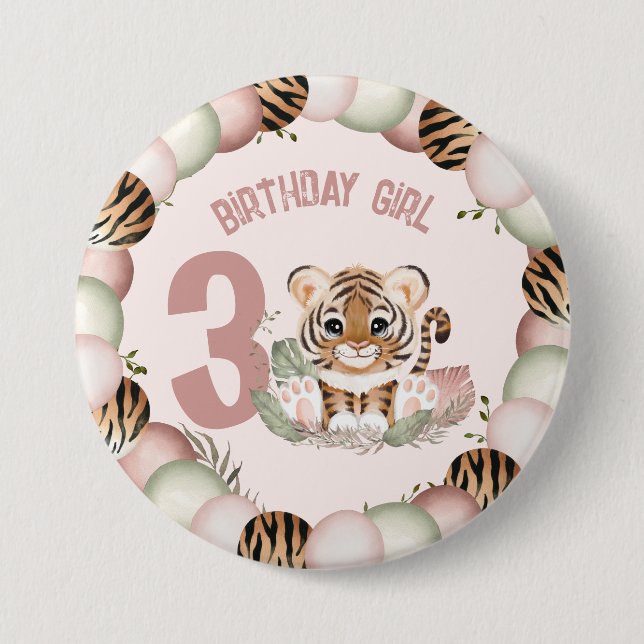 Macaron Rond 7,6 Cm Safari Tigre mignon Bouton Fille Anniversaire (Devant)