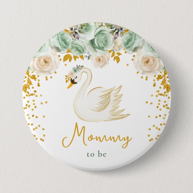 Macaron Rond 7,6 Cm Sage de cygne Vert et or Roses maman à être (Devant)