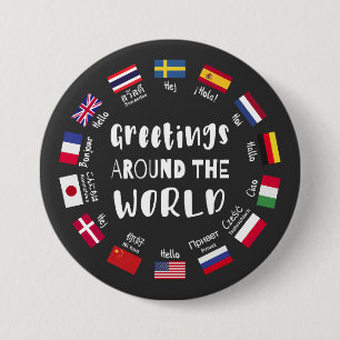 Macaron Rond 7,6 Cm Salutations autour du monde, Bonjour dans toutes l