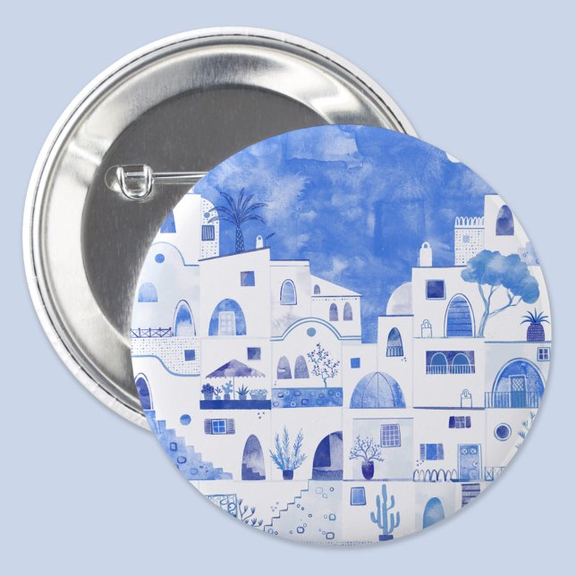 Macaron Rond 7,6 Cm Santorin Grèce Aquarelle Townscape (Santorini Oia Greece watercolor blue and white art button)