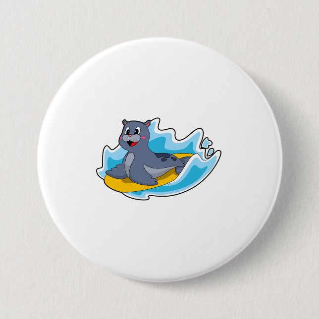 Macaron Rond 7,6 Cm Sceau comme surfeur avec Surfboard (Devant)