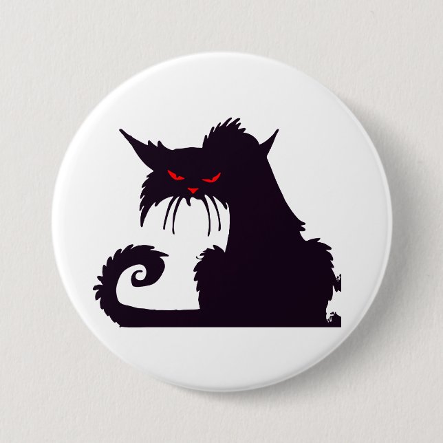 Macaron Rond 7,6 Cm Silhouette de chat noir maléfique aux yeux rouges (Devant)