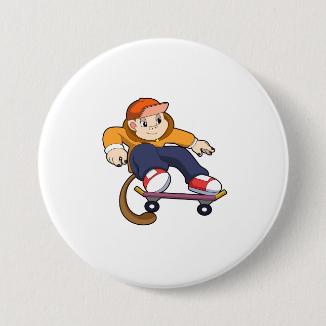 Macaron Rond 7,6 Cm Singe comme patineur avec skateboard (Devant)