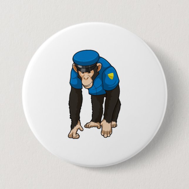 Macaron Rond 7,6 Cm Singe comme policier avec Uniforme (Devant)