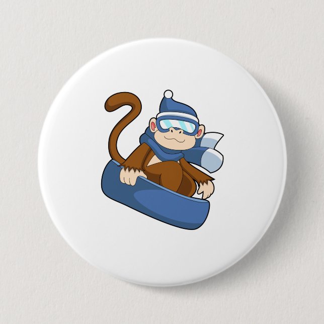 Macaron Rond 7,6 Cm Singe comme Snowboardeur avec Sonowboard.PNG (Devant)