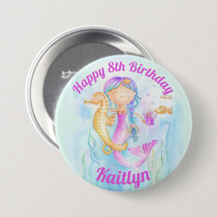 Macaron Rond 7,6 Cm Sirène et hippocampe 8e anniversaire nom personnal