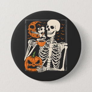 Macaron Rond 7,6 Cm Skeleton Boire Café Lover Halloween Crâne RO