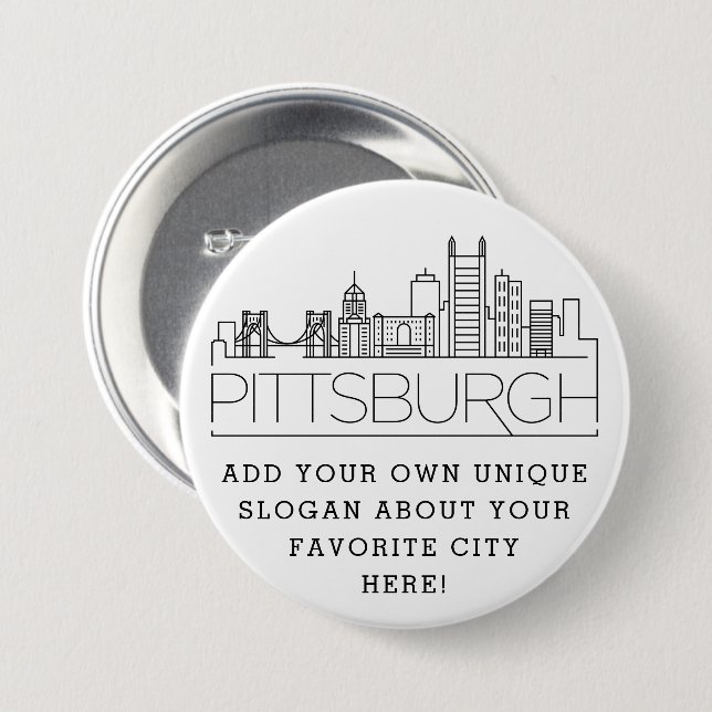 Macaron Rond 7,6 Cm Skyline de Pittsburgh City | Bouton Slogan personn (Devant & derrière)