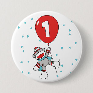 Macaron Rond 7,6 Cm Sock Monkey premier anniversaire