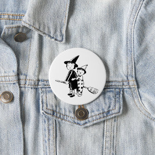 Macaron Rond 7,6 Cm Sorcière d'Halloween et clown chevauchant un balai