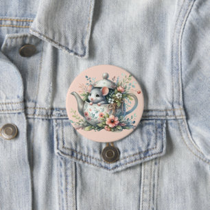 Macaron Rond 7,6 Cm Souris mignonne en théière florale Illustration