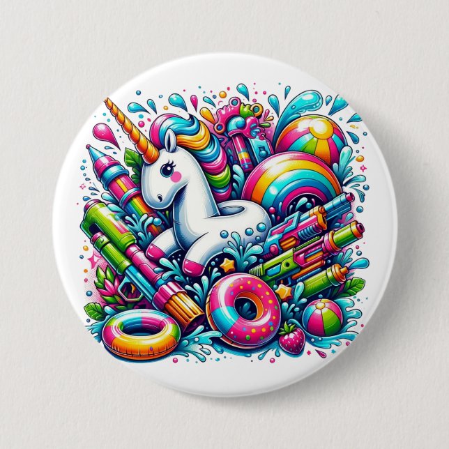 Macaron Rond 7,6 Cm Splash magique : Unicorn Pool Party Summer Fun (Devant)