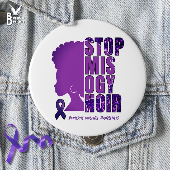 Macaron Rond 7,6 Cm STOP MISOGYNOIR Sensibilisation à la violence dome (Show your support for anti Misogynoir and Domestic Violence Awareness. With custom text and afro.)