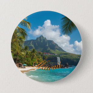 Macaron Rond 7,6 Cm Style Vintage Hawaïen Palmiers Mer Bleu Ciel Voyag