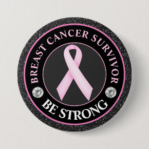 Macaron Rond 7,6 Cm Survivante du cancer du sein – Ruban rose pailleté