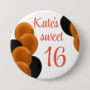Macaron Rond 7,6 Cm Sweet 16 Orange Noir Simple