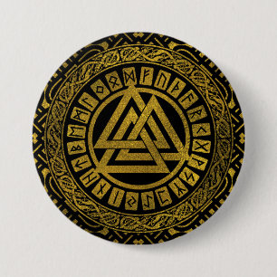 Macaron Rond 7,6 Cm Symbole métallique de Valknut d'or sur le motif