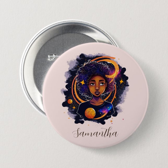 Macaron Rond 7,6 Cm Système solaire Afro Femme (Devant & derrière)