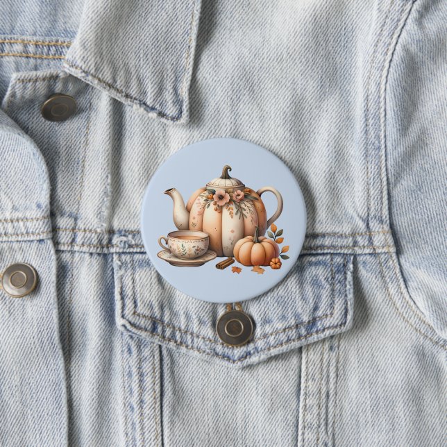 Macaron Rond 7,6 Cm Teapot citrouille avec fleurs d'automne (En situation)