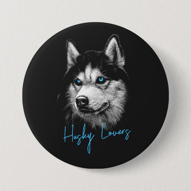Macaron Rond 7,6 Cm Tête de portrait Husky Sibérien Avec Yeux Bleus (Devant)
