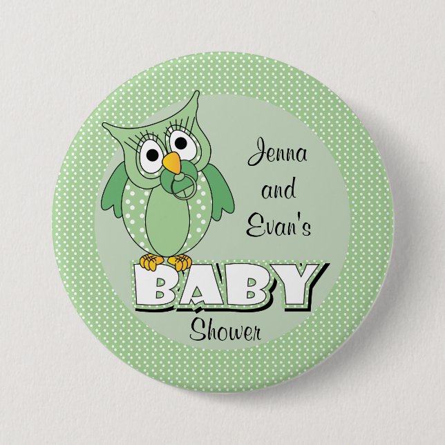 Macaron Rond 7,6 Cm Thème vert de baby shower de hibou de point de (Devant)