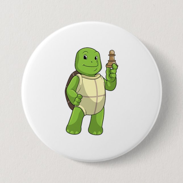 Macaron Rond 7,6 Cm Tortue aux échecs avec pièce d'échecs Pion (Devant)