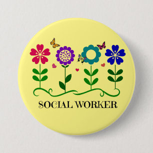 Macaron Rond 7,6 Cm Travailleur social...Fleurs, Coeurs et Papillons