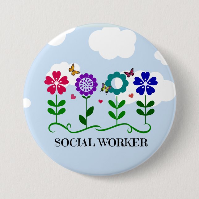 Macaron Rond 7,6 Cm Travailleur social...Fleurs, Coeurs, Papillons (Devant)