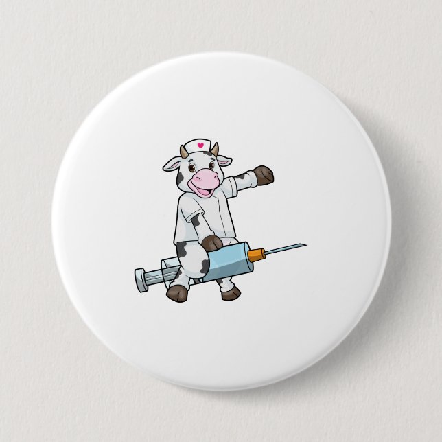 Macaron Rond 7,6 Cm Vache comme infirmière avec coeur et seringue (Devant)