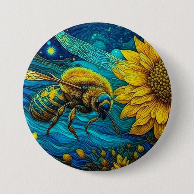 Macaron Rond 7,6 Cm Van Gogh Style Bee & Sunflower (Devant)