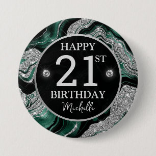 Macaron Rond 7,6 Cm Vert élégant et argent paillettes Anniversaire Aga