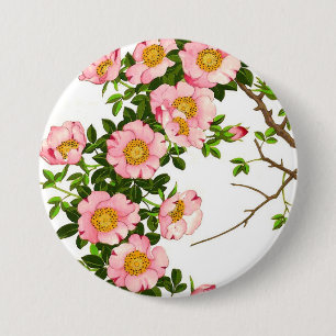 Macaron Rond 7,6 Cm Vintage fleurs de cerises japonaises, rose et or