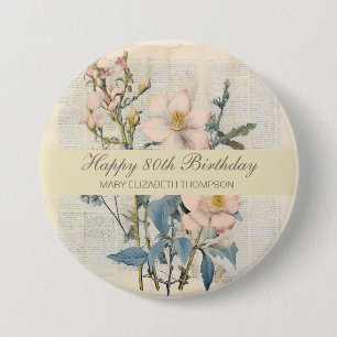 Macaron Rond 7,6 Cm Vintaqe botanique Fleur sauvage 80e anniversaire