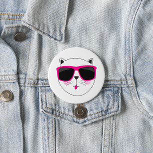 Macaron Rond 7,6 Cm Visage de chat cool avec lunettes de soleil roses 
